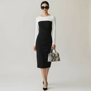 Ralph Lauren Black White Long Sleeve Ruched Midi Cocktail Dress Women’s 14